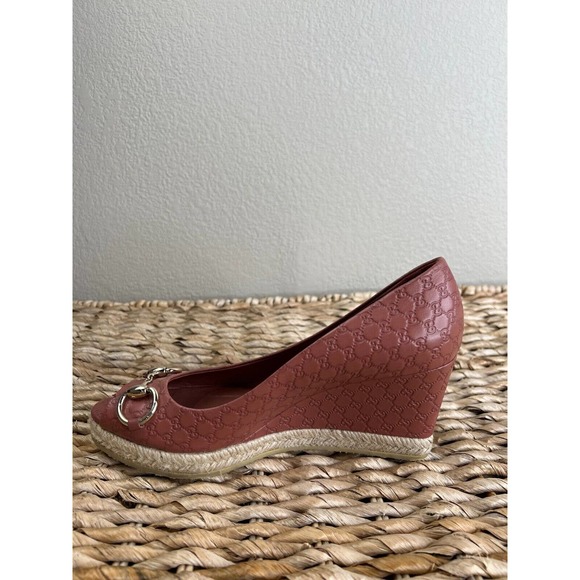 Gucci Women‎ Leather Peep-Toe Horsebit Espadrille Wedges Red Size 38 - Picture 9 of 16